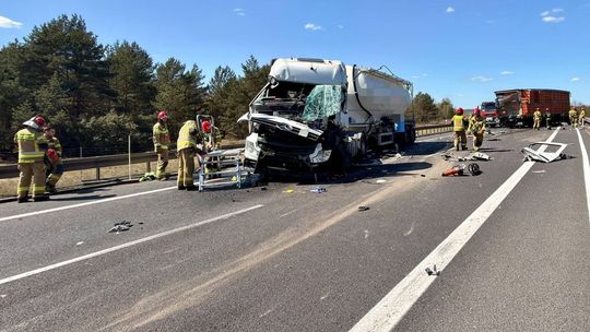 Karambol na drodze ekspresowej - zderzenie 3 ciężarówek. Ucierpiało 2 kierowców i... ptaki