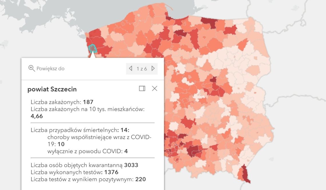 Ciemny Szczecin na tle kraju - mapa zakażeń koronawirusem