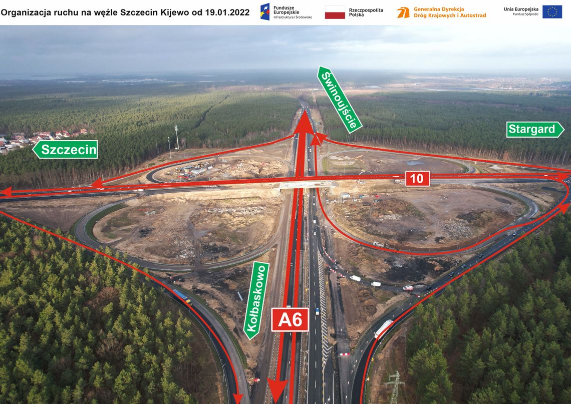 Na węźle Szczecin Kijewo jedziemy jedną jezdnią autostrady A6